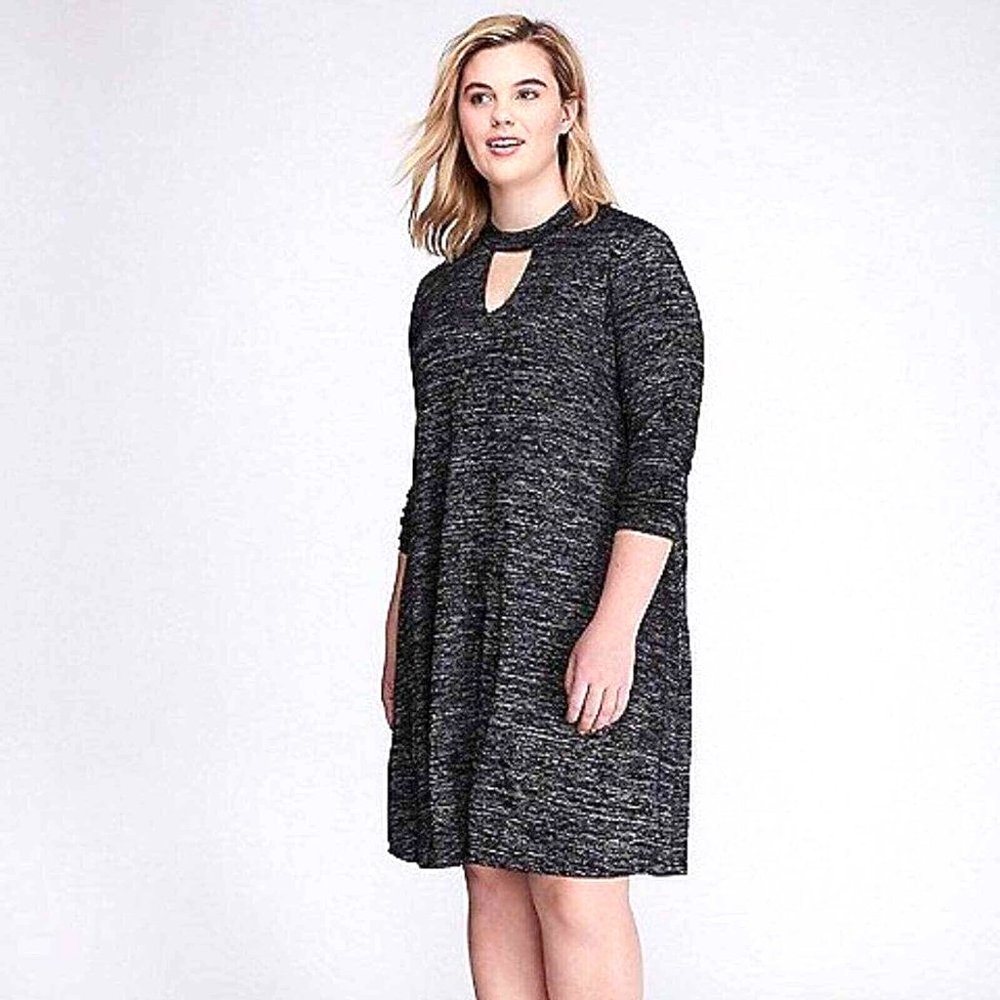 Lane Bryant Heathered Gray Black A-Line Dress Size 22 / 24 Cutout Neck Long Slv